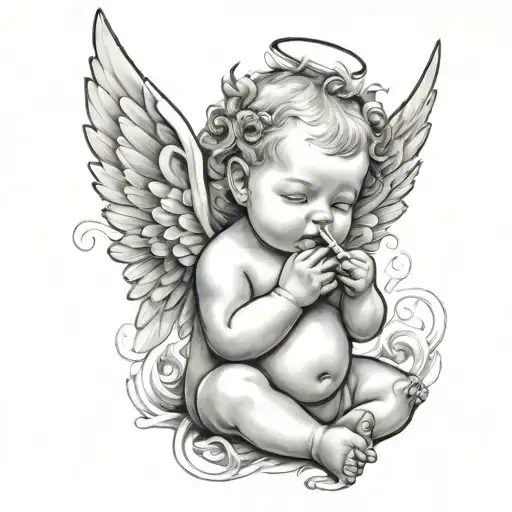 Baby Angel Smoking Line Art