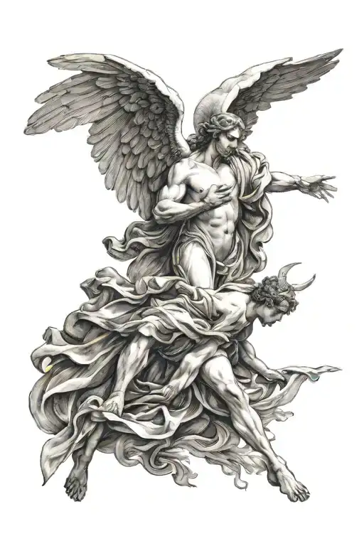 Angel And Man Reaching Towards Each Other