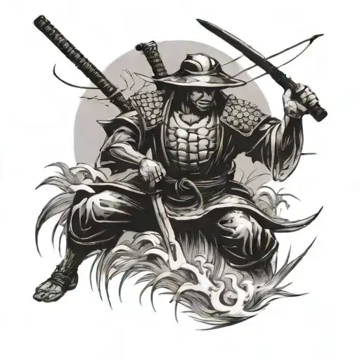 Samurai Warrior Fishing By Coconut Tree Branches