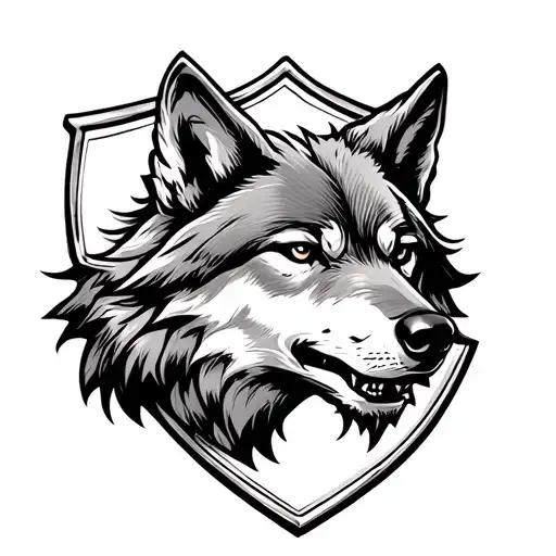 Fine Line Wolf Head On A Shield