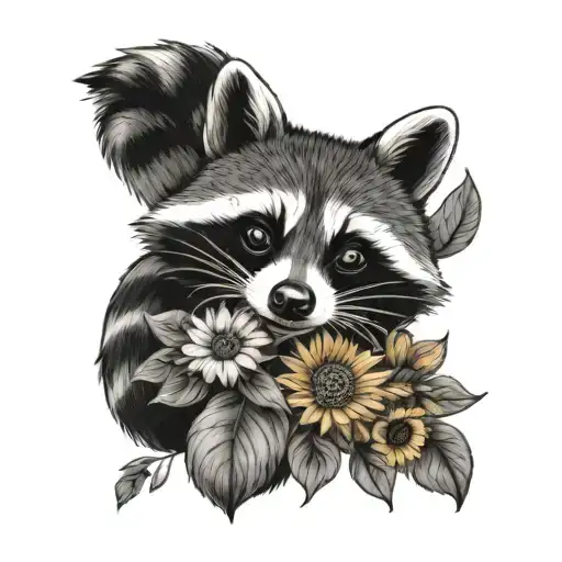 Raccoon Holding Sunflower And Daisy Bouquet