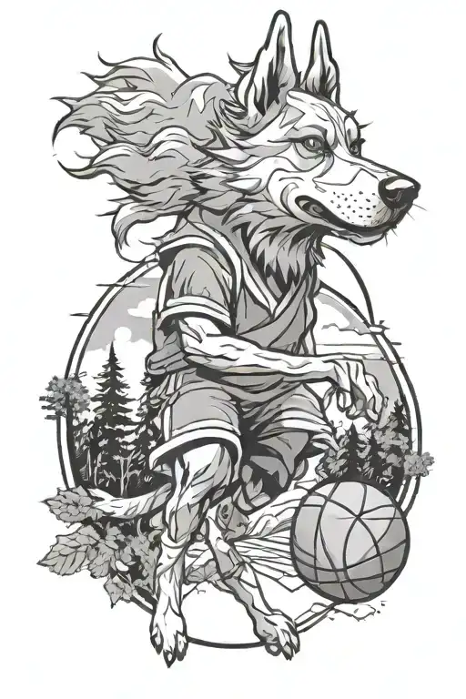 A Dog Wearing A Naruto Headband Playing Basketball In A Nature-inspired Court