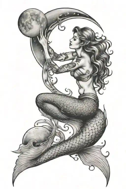 Mermaid Stirring On The Moon Hanging Over The Water
