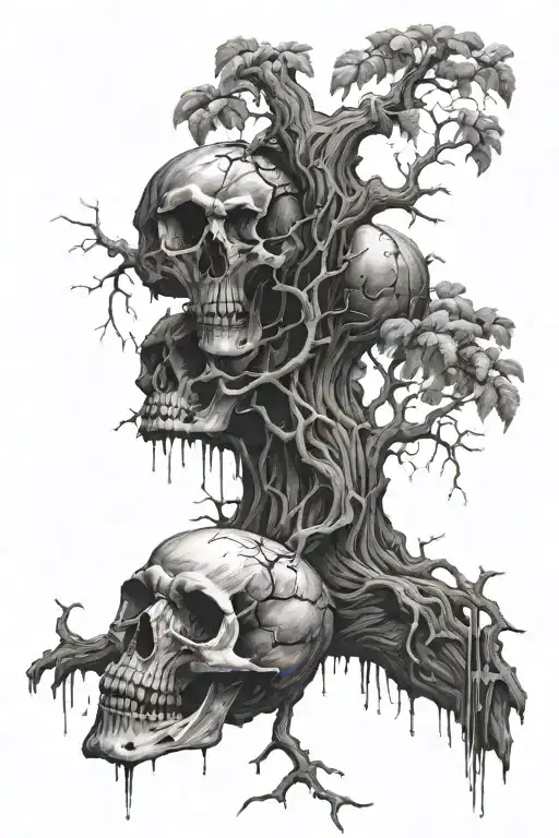 A Rotting Tree With An Apple That Looks Like A Skull Falling From It Tattoo
