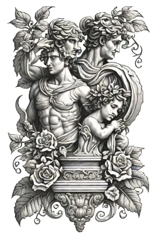 Roman Statues Surrounded By Flowers And Leaves Intertwined