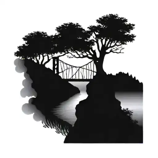 A Suspension Bridge With A Tree On One End