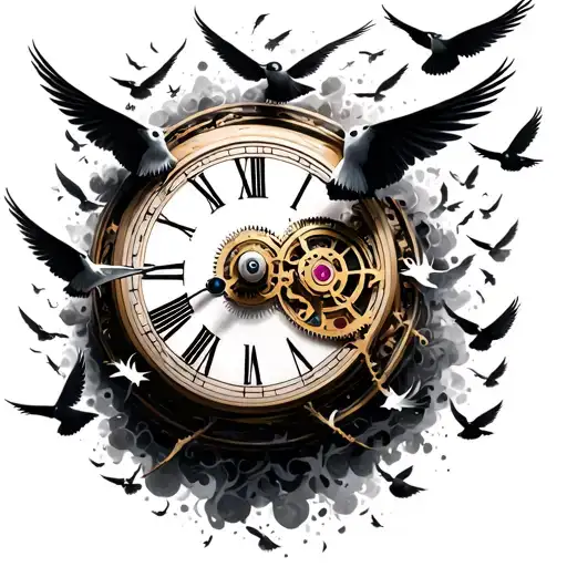 A Clock Mechanism Morphing Into A Swarm Of Birds Flying Away