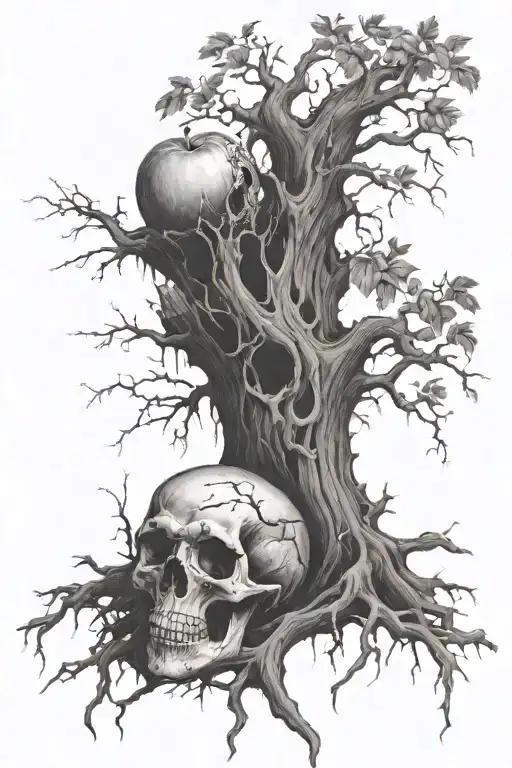 A Rotting Tree With An Apple That Looks Like A Skull Falling From It