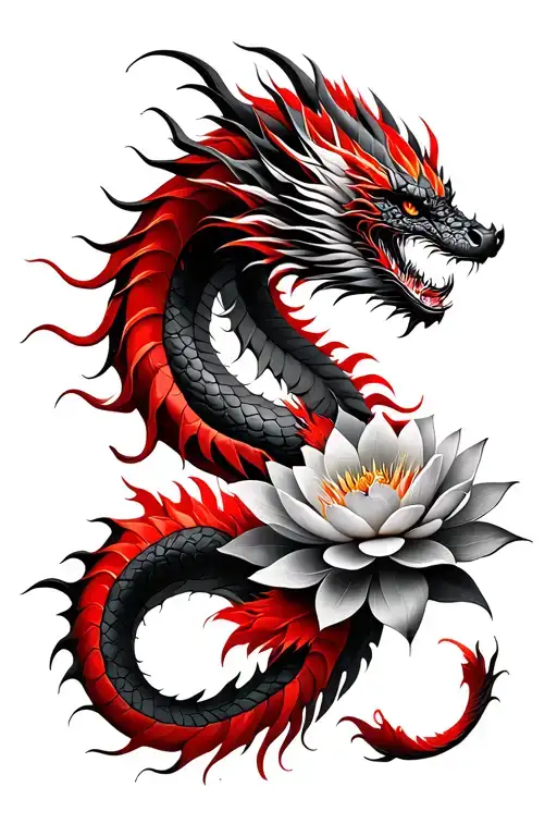 2 Separate Dragons One Red And Black With Lotus Flowers