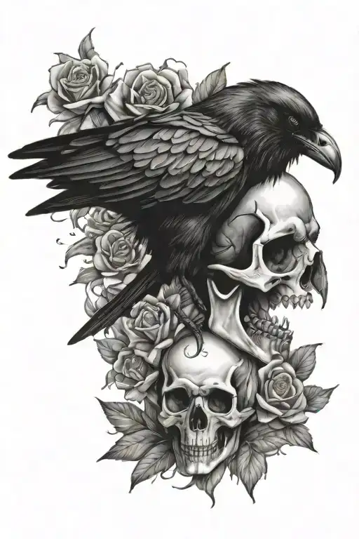 Crow And Skull And Flowers