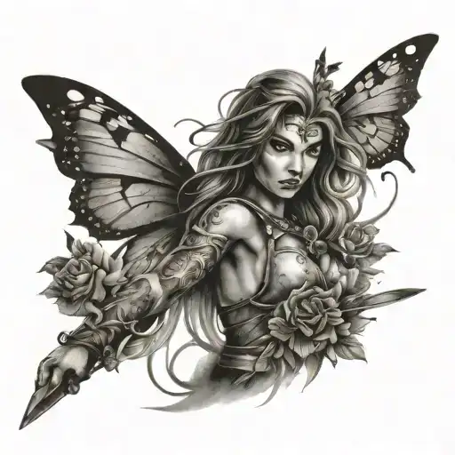 Woman Warrior Holding Sword With Butterflies Surrounding Sleeve