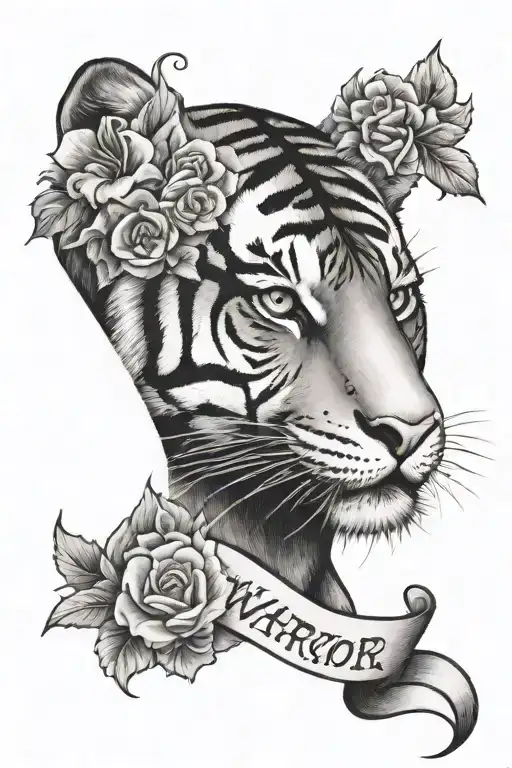 Tiger Face With Flowers And Cancer Ribbon With The Word Warrior