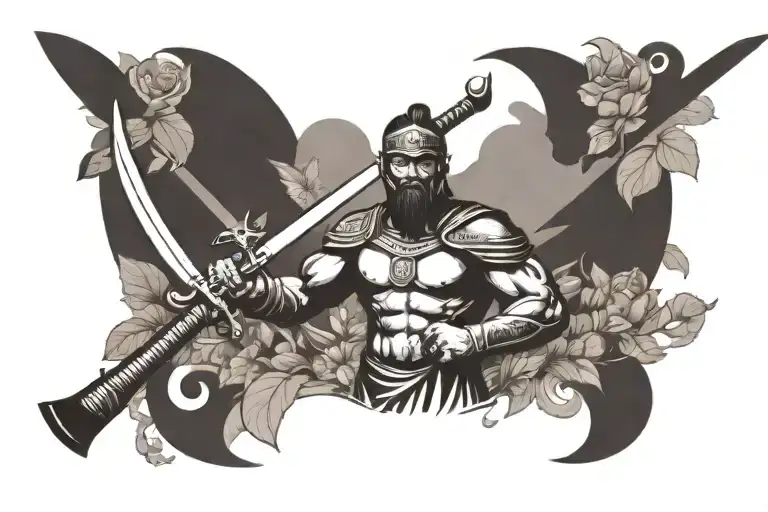 Samuri Warrior In A Garden Holding A Sword In One Hand And A Garden Hoe In The Other Hand