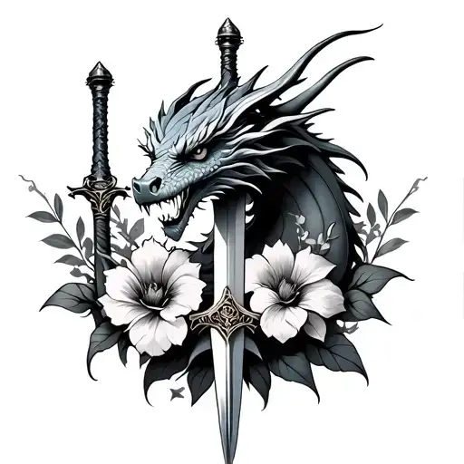 Realistic Dragon With A Sword And Flowers