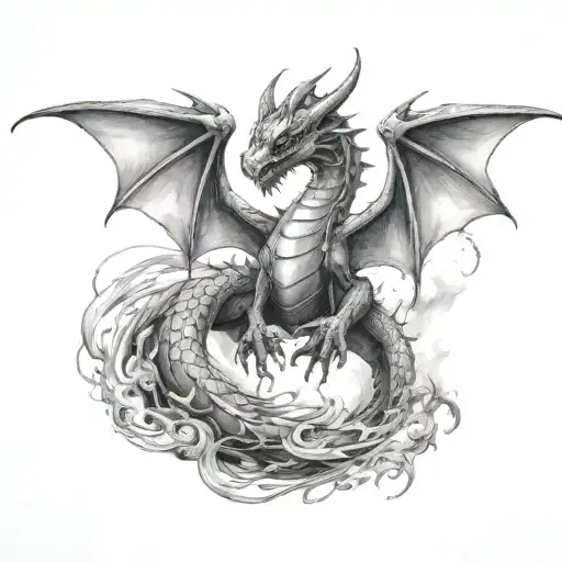 Hovering Dragon Holding Banner Wings Spread Ruby Eyes Facing Forward