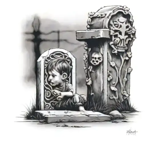Little Boy In Front Of A Grave