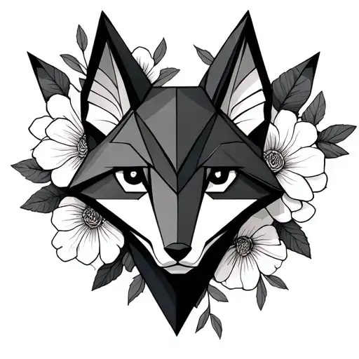 Origami Fox Head Surrounded By Flowers