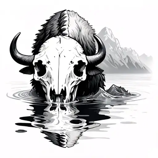 Bison Skull Drinking Water With Inverted Reflection