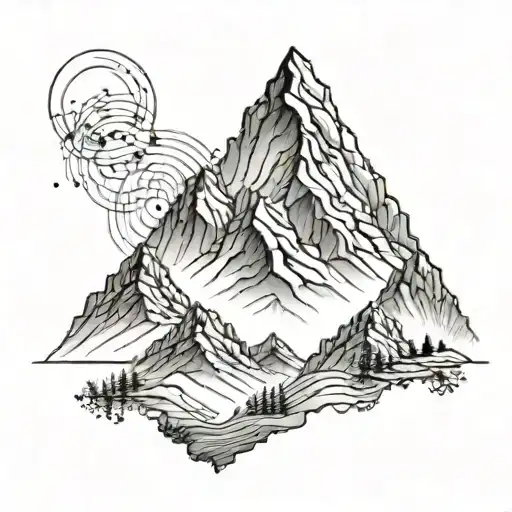 A Black And Grey Tattoo Of A Mountain Range With A Hidden Silhouette Of Ajay And Sila At The Peak