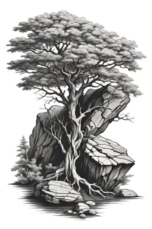 Realistic Majestic Tree Growing Out Of A Rock Tattoo