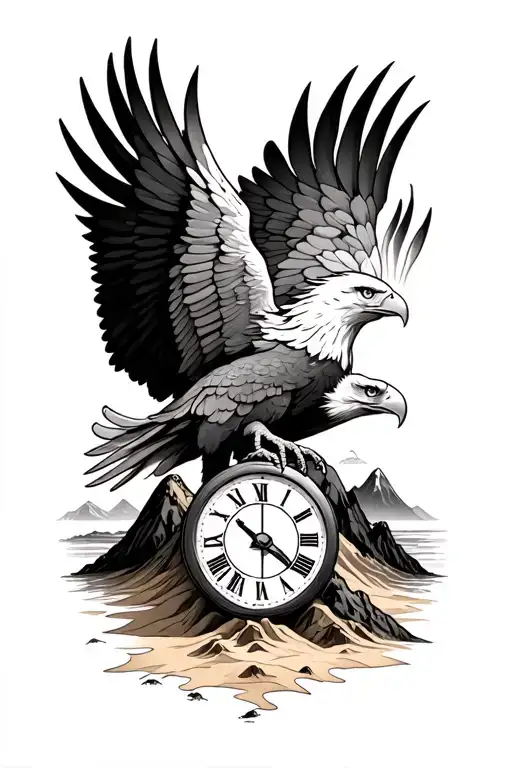 Eagle With Peace And Sand Clock And Mountain Landscape