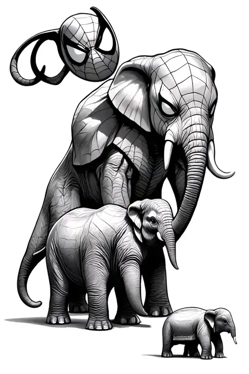 Spider-man And Elephant Tattoo With A Mom And Two Baby Elephants