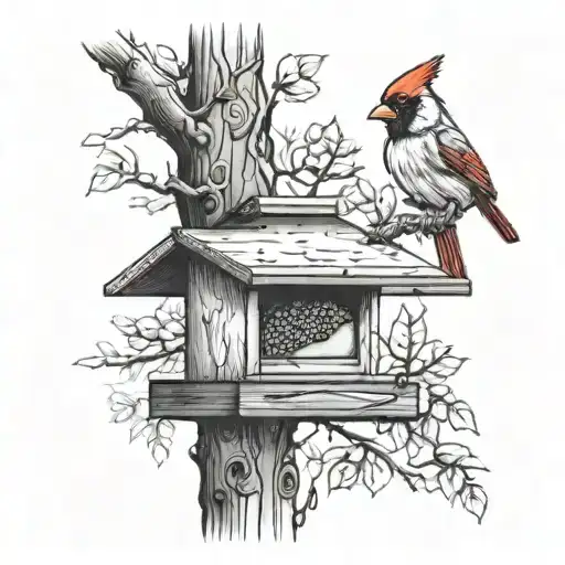 Bird Feeder On A Tree Branch With A Cardinal Eating Out Of It