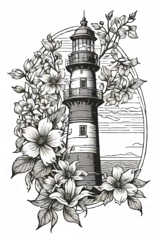 Lighthouse Fine Line With Wild Flowers