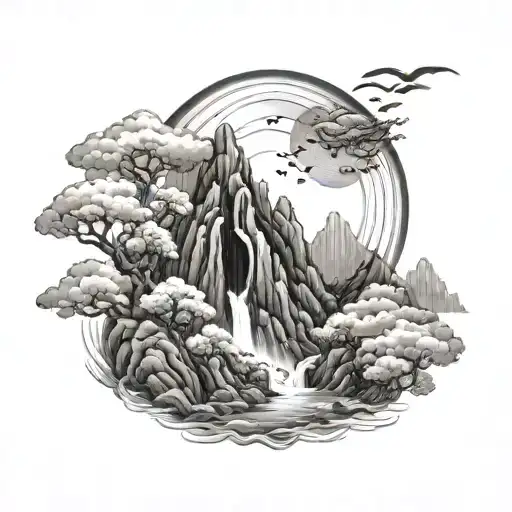 Asian Style Mountain Waterfall Scenery Cloud Moon Surrounded