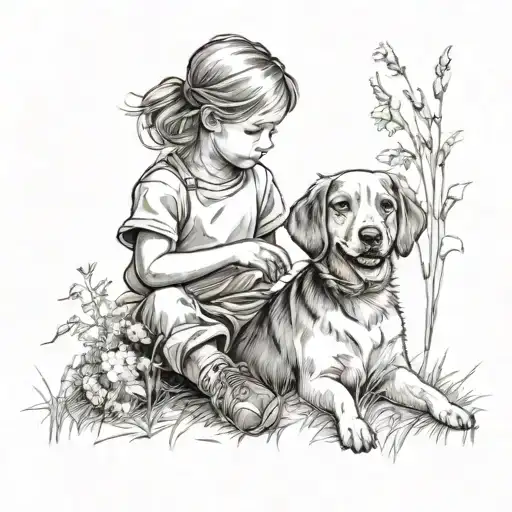 A Serene Image Of A Child Sitting With A Dog In A Meadow Surrounded By Blooming Wildflowers