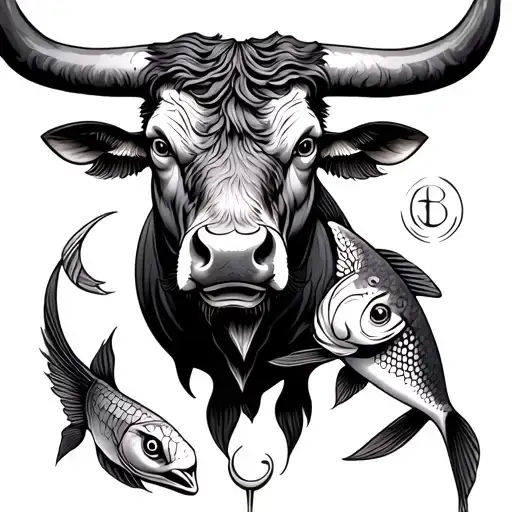 Tattoo With Zodiac Signs Of Bull Bull And Fish