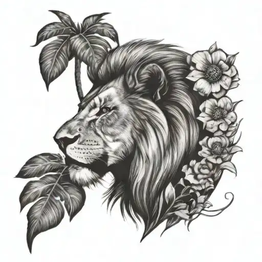 Lion With Poppy Flower Palm Tree Tattoo