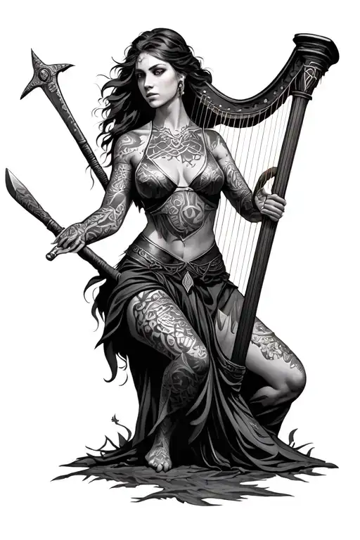 Female Celtic Warrior Playing Irish Harp With Scottish Claymore Resting Beside Her