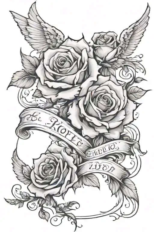 Name And Rose Intertwined With Clouds And Doves Flying And Birth And Death Date