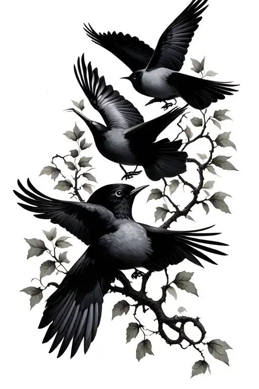 4 Birds Flying Connected By A Vine Wrapping