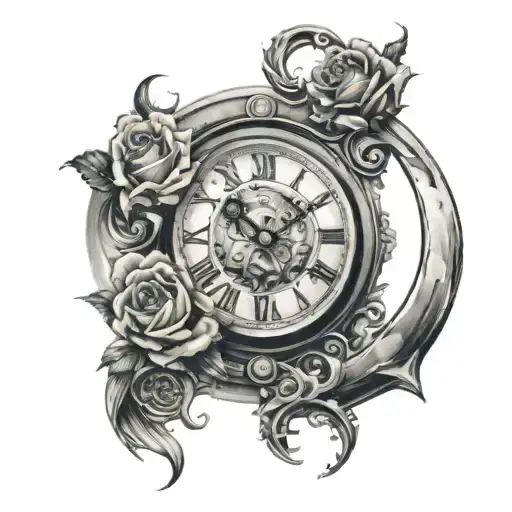 A Black-grey Tattoo Of A Cosmic Clock With Elements Of The Beauty And The Beast Story Incorporated