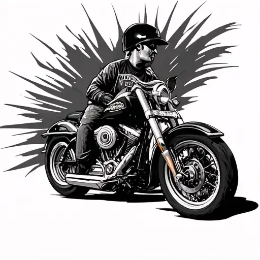 Head Tattoo Of A Black And Grey Streetlife With Harley Davidson Motorcycle