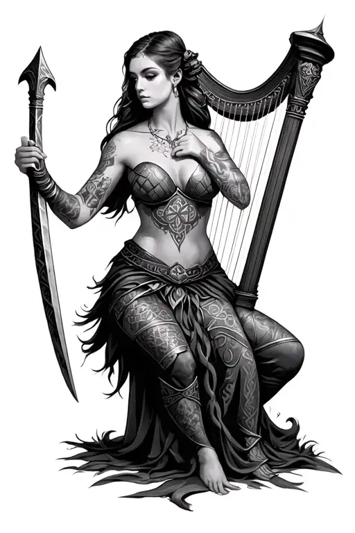 Female Celtic Warrior Playing Irish Harp With Scottish Claymore Resting Beside Her