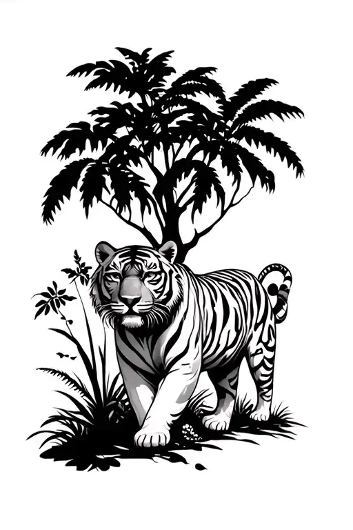 Tiger Walking In A Jungle Background