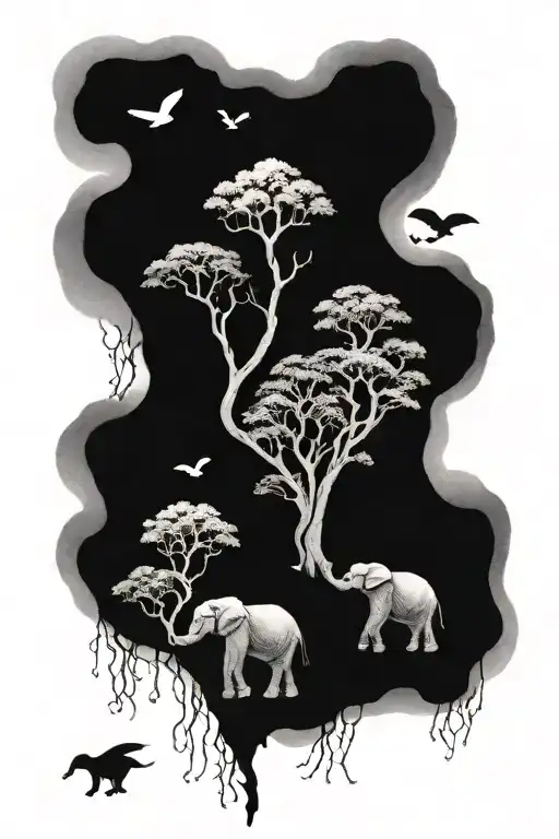 Nature Elements Like Trees With Elephant