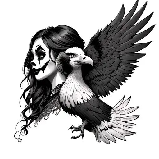 Chest Right Hand Side Bold Eagle Filled Out And Evil Clown Girl Behind Neck