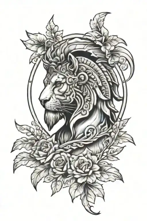 Spartan With Lion And Florals With Trees And Keyhole