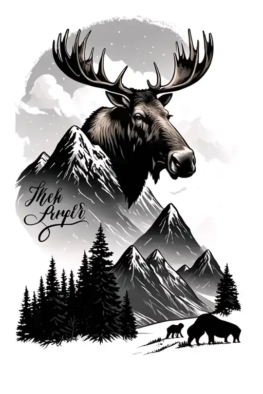 Mountains With A Moose And Script In Cree