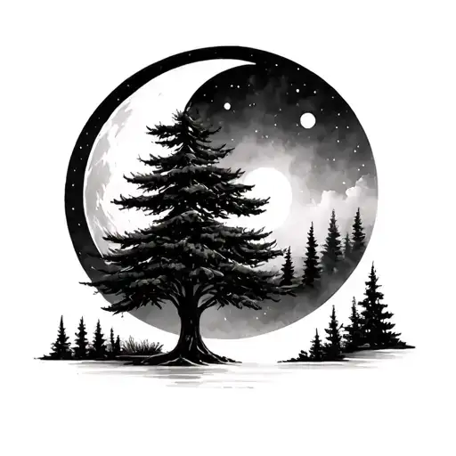 White Crescent Moon And Single Evergreen Tree