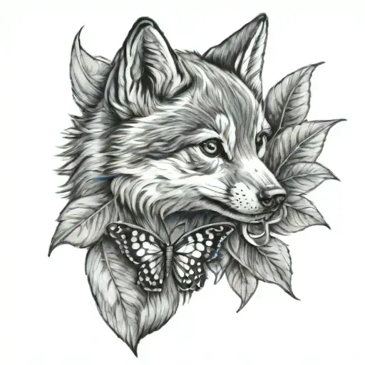 Wolfs Baby Playing With A Butterfly