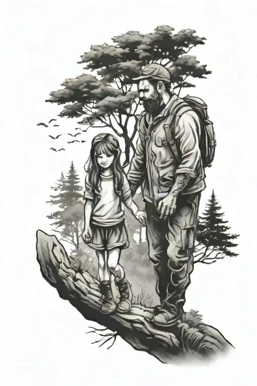 Forest Father 2 Daughter Holding Hands