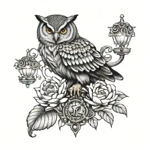 Owl And Lion And Lotus Flower And Justice Scales