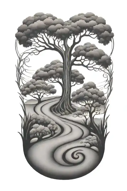 Winding Road With Tree Growing