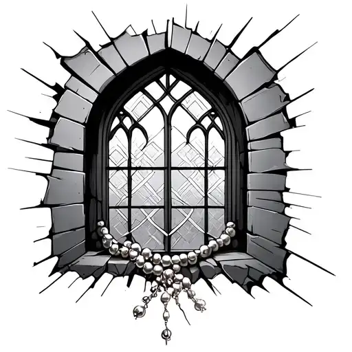 Simplistic Church Window Broken At The Bottom With A Broken Strand Of Pearls Incorporated