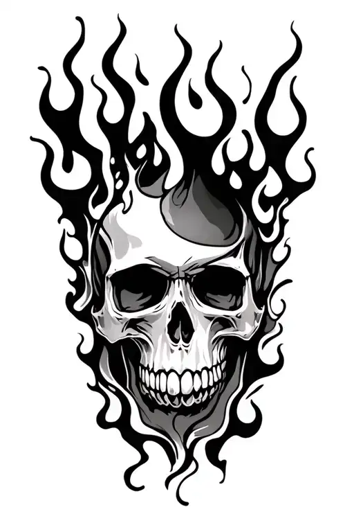Half Skull With Flames Background Black And White